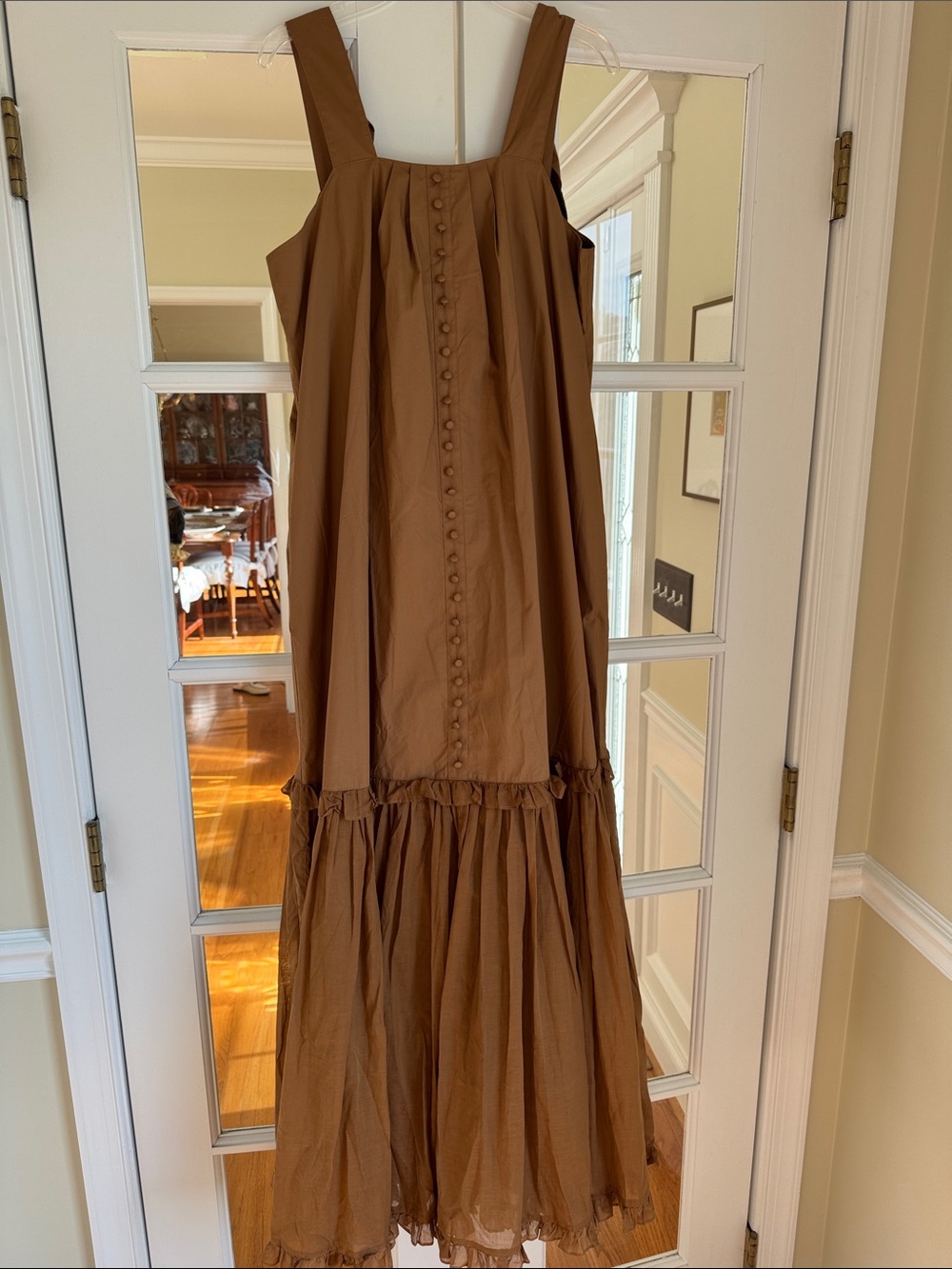Joslin - Sleeveless Brown Button-Front Maxi Dress with Ruffle Hem